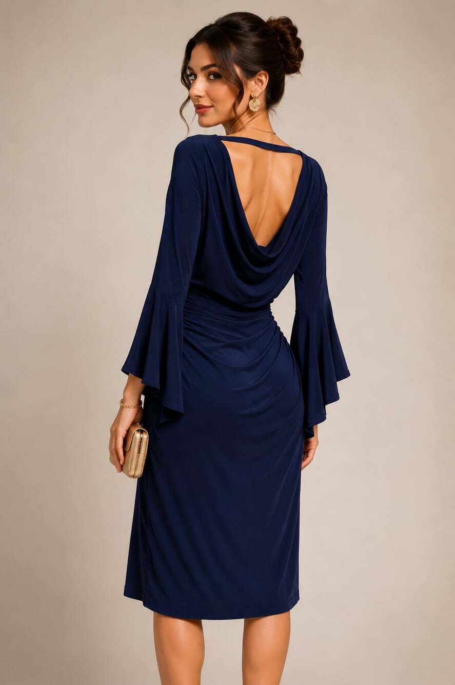 Frank Lyman Navy Blue Bell Sleeve Ruched Cocktail Dress Elegant Formal 8